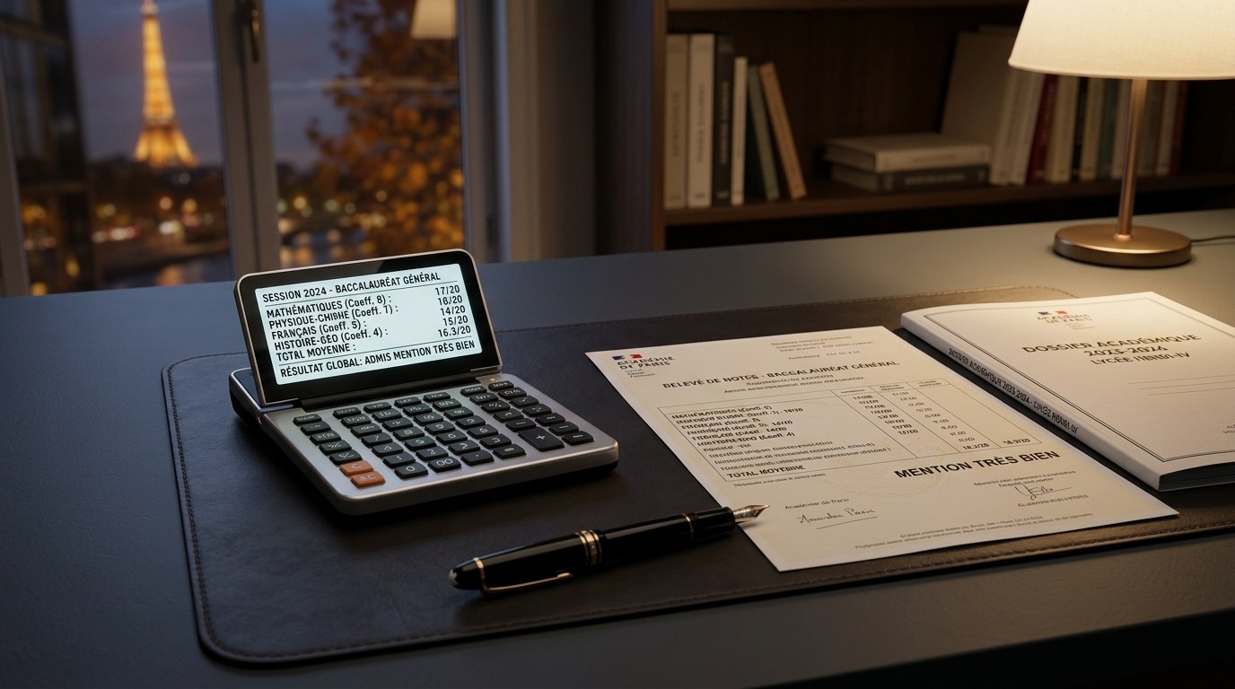 Bureau d'étudiant avec relevé de notes du Baccalauréat mention Très Bien et calculatrice de moyenne