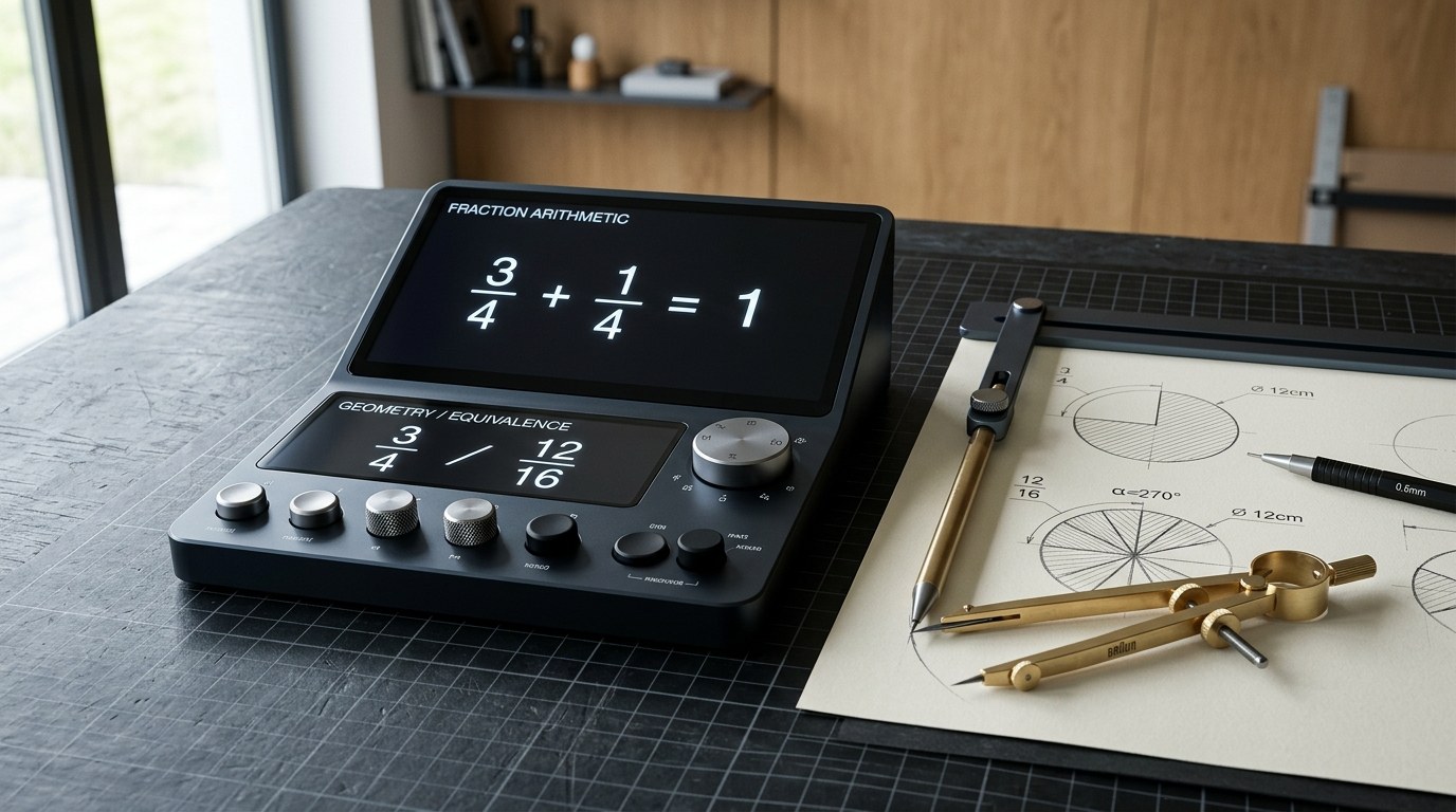 Atelier mathématique de géométrie et calcul de fractions avec compas en laiton et écran OLED